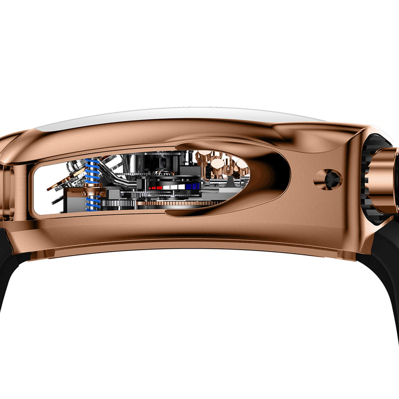 Side view of the Jacob & Co Bugatti Chiron Tourbillon, featuring a rose gold case and revealing its intricate internal mechanical components.