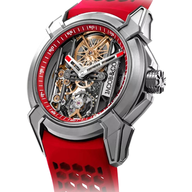 The Jacob & Co Epic X Titanium is a luxury watch featuring a red strap, exposed gears, and a silver case with red accents.