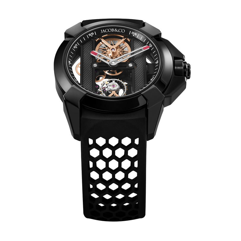 The Jacob & Co. Epic X DLC is a black watch featuring visible gears and a hexagonal-patterned strap.