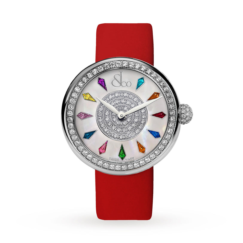 The Jacob & Co Brilliant is a luxury watch featuring a red strap, jeweled bezel, and colorful hour markers on a white face.