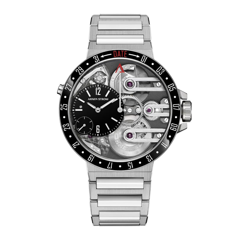 The Armin Strom Orbit Manufacture Edition is a silver wristwatch with a transparent face displaying internal gears, a ceramic bezel, sub-dial, and a red DATE indicator at the top.