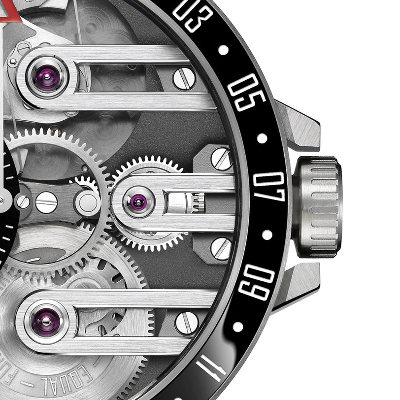 Close-up of the Armin Strom Orbit Manufacture Edition watch face, displaying exposed gears, metallic components, and a segment of the ceramic bezel with white numerals.