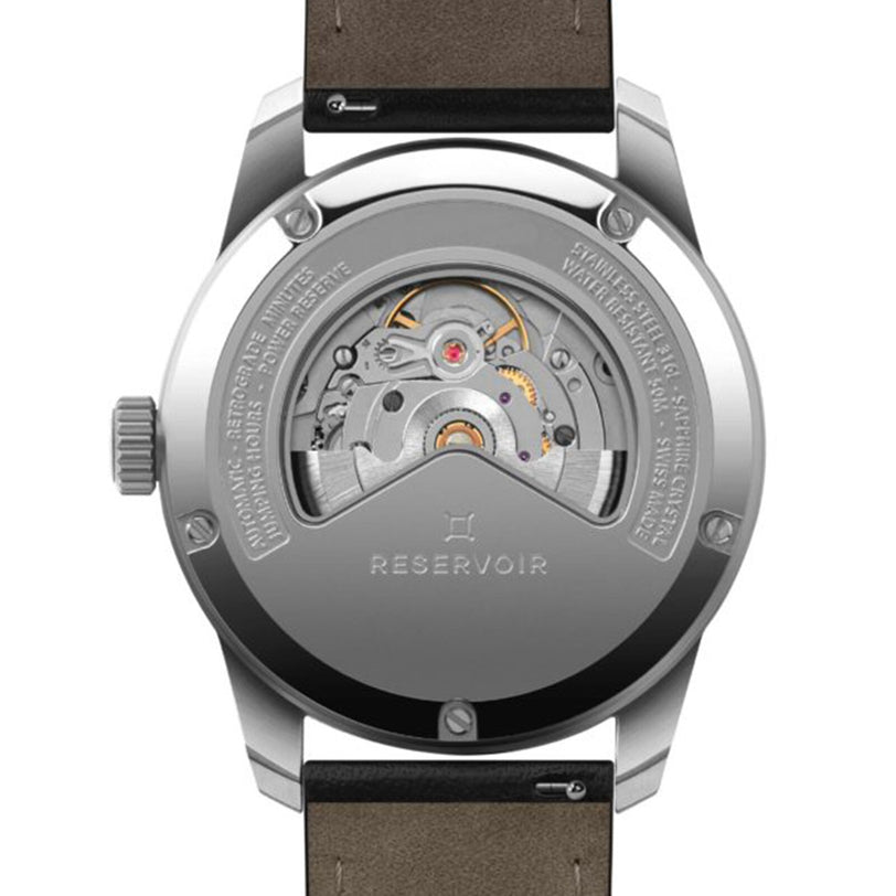 Back view of the Reservoir Battlefield D-Day wristwatch, revealing its automatic movement through the stainless steel case and engraved details inspired by Operation Overlord and the D-Day Landings.