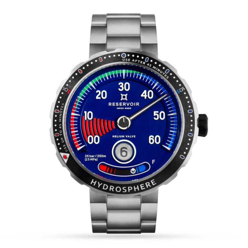 The Reservoir Hydrosphere Blue Hole is a silver dive watch featuring a blue dial with colorful, gauge-inspired markings.