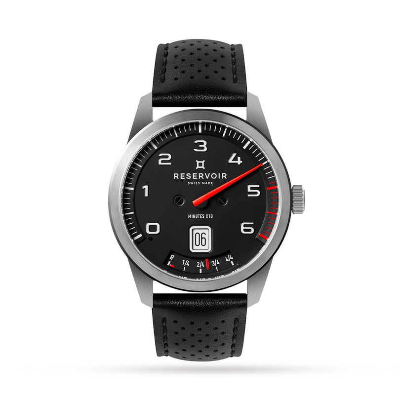 The Reservoir GT Tour wristwatch features a black leather strap, white numerals, and a red accent on the dial.