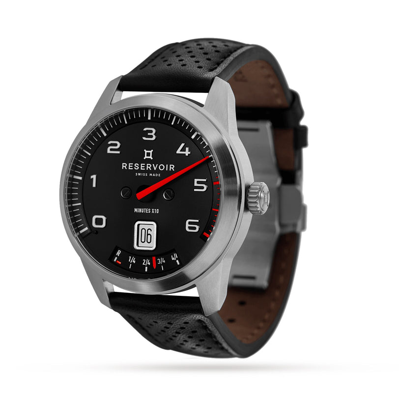 The Reservoir GT Tour is a black leather wristwatch featuring a black dial with white numbers and red accents, and displays the Reservoir brand name.