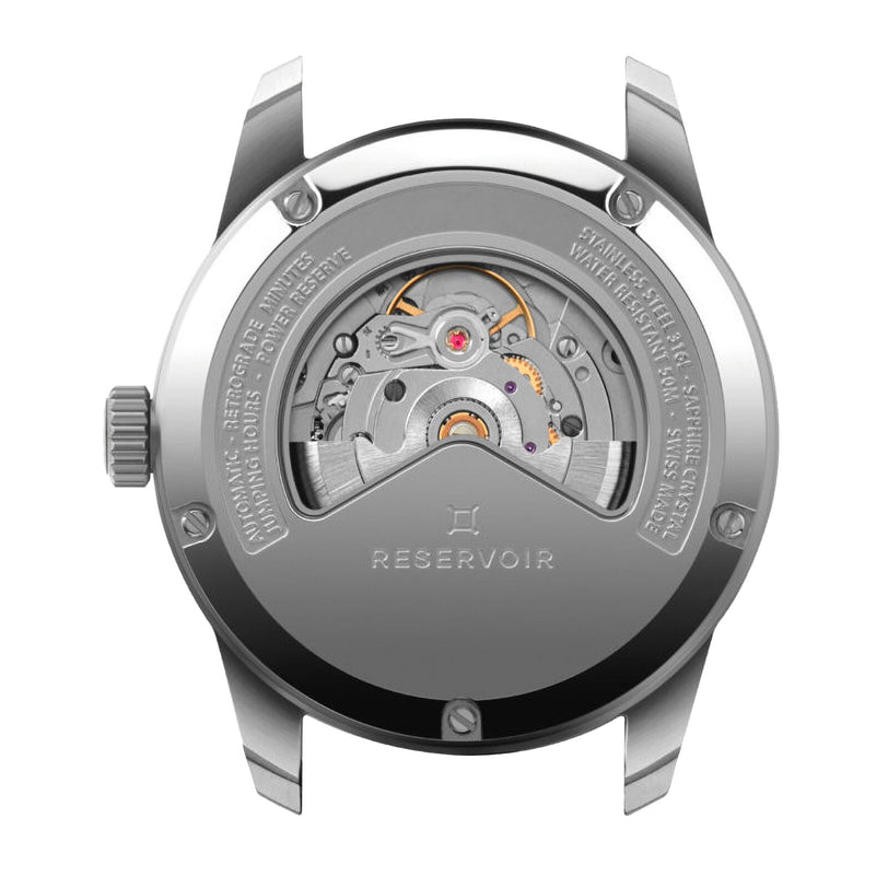 Back view of the Reservoir GT Tour watch displaying its exposed mechanical movement and engraved specifications.