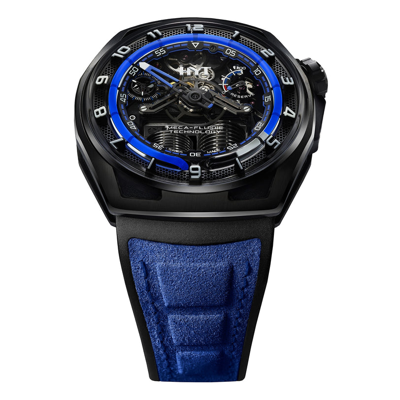 The HYT Hastroid Supernova Blue is a luxury wristwatch featuring a black and blue skeleton dial and a blue suede strap.