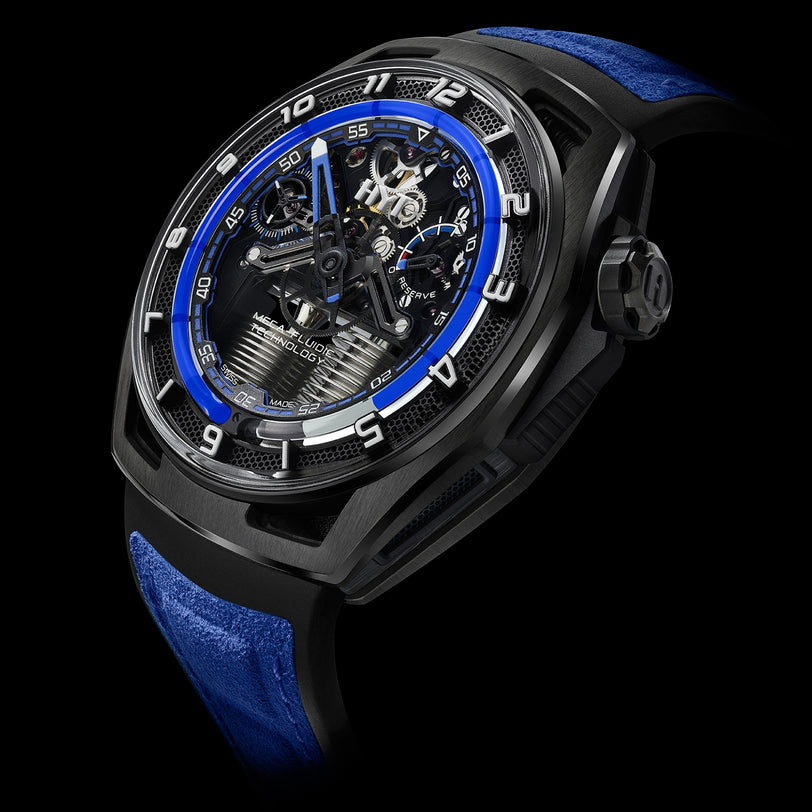 The HYT Hastroid Supernova Blue luxury skeleton watch features blue accents and a blue strap, displayed at an angle against a black background.