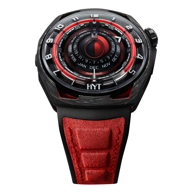 The HYT Moon Runner Red Magma is a modern black and red wristwatch featuring bold numbers, a red strap, and displays for months and dates.