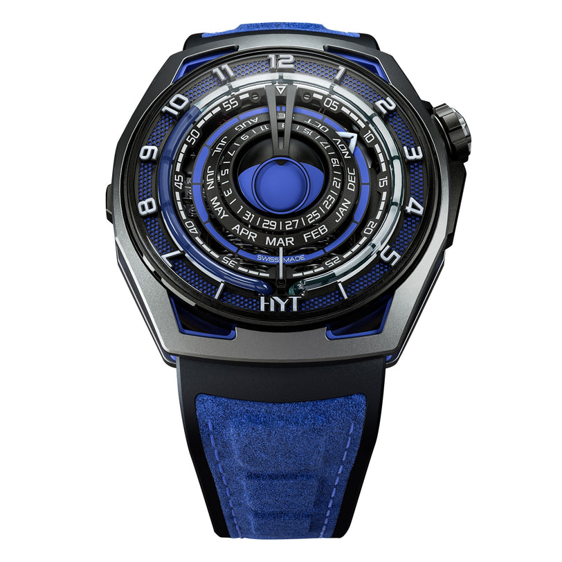 The HYT Moon Runner Supernova Blue is a modern black and blue wristwatch with concentric dials, numbers, and a blue suede strap.