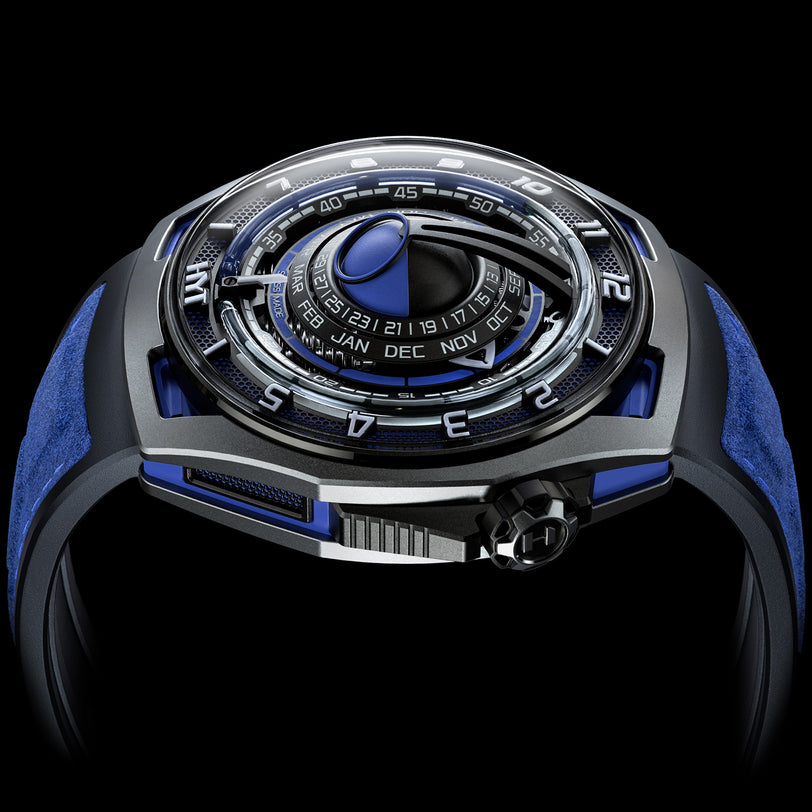 The HYT Moon Runner Supernova Blue is a futuristic wristwatch with blue and black accents, featuring a complex dial that displays months and days.
