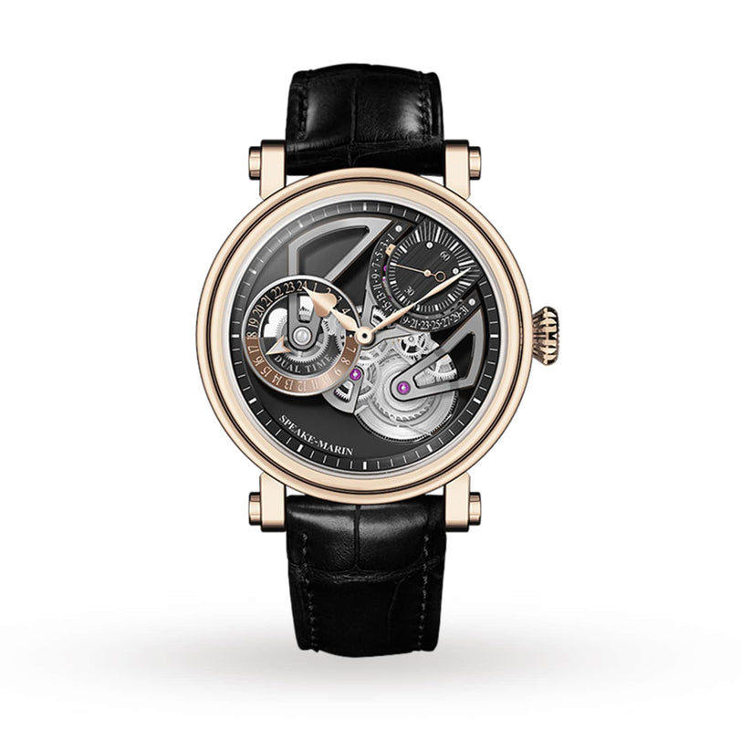 The Speake Marin Openworked Dual Time Red Gold is a luxury skeleton watch featuring a black leather strap, red gold case, and exposed mechanical movement.