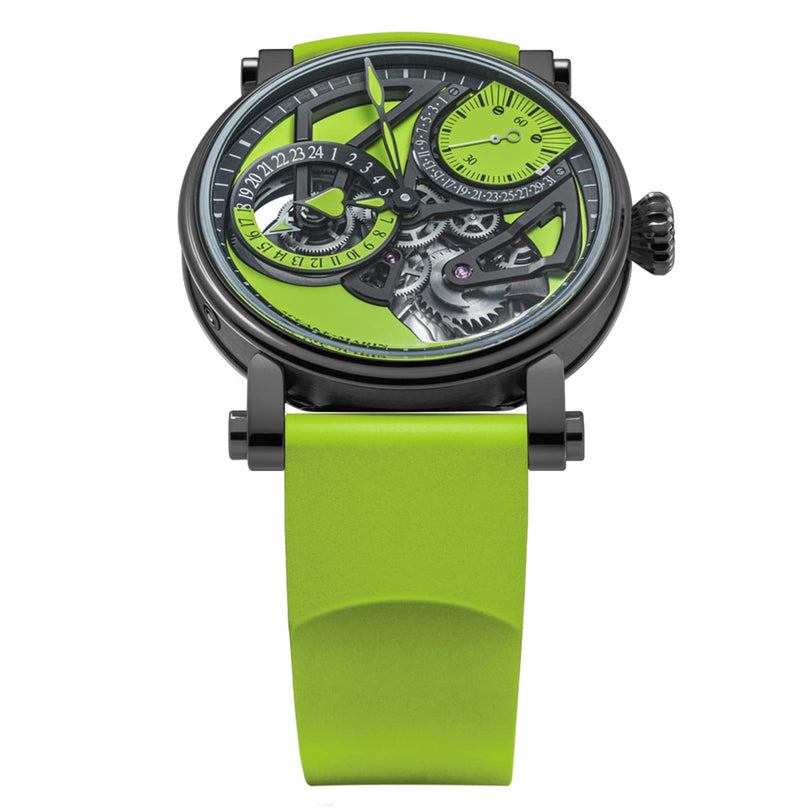 The Speake Marin Dual Time Lime features a vibrant green band and an open, intricate mechanical dial for a strikingly modern look.