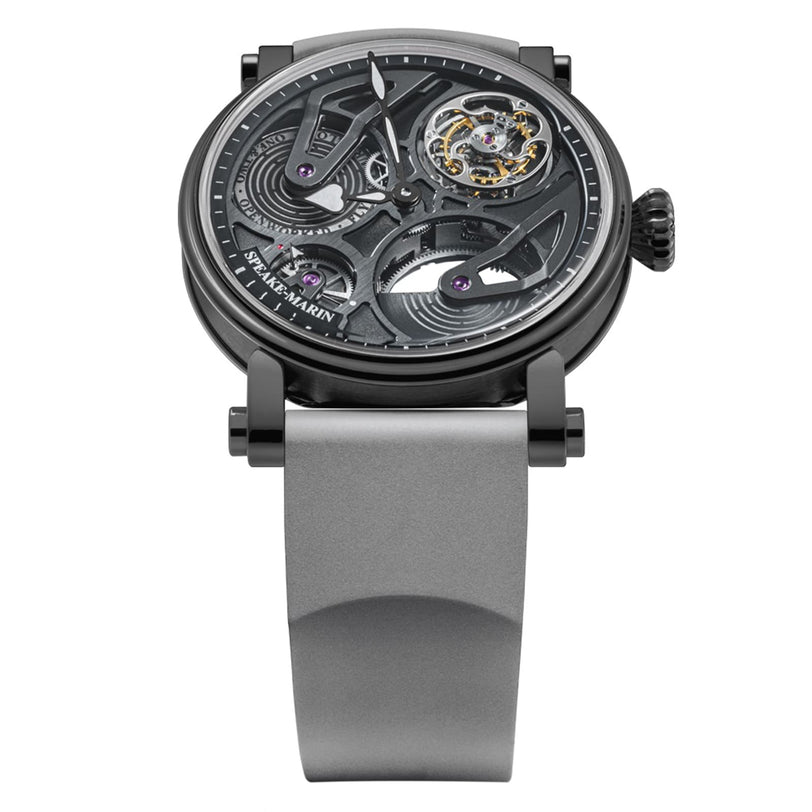 The Speake Marin Openworked Tourbillon Black DLC is a luxury skeleton watch with visible gears, a black case, and a light gray strap, shown from the front.