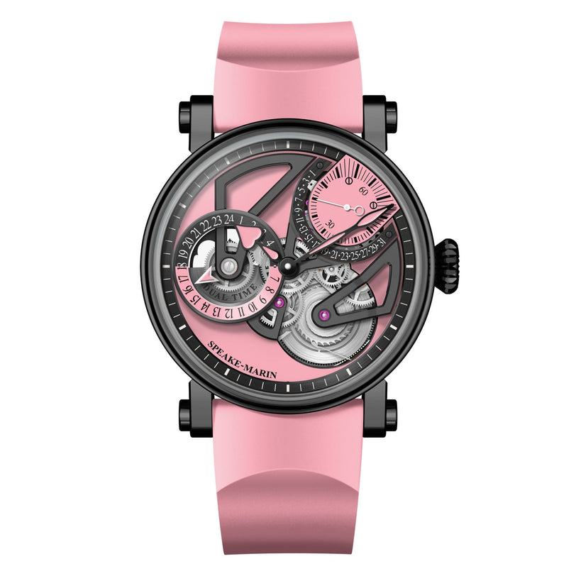 The Speake Marin Dual Time Pink is a luxury watch featuring a pink strap and an intricate pink and black skeleton dial that displays visible gears and subdials.