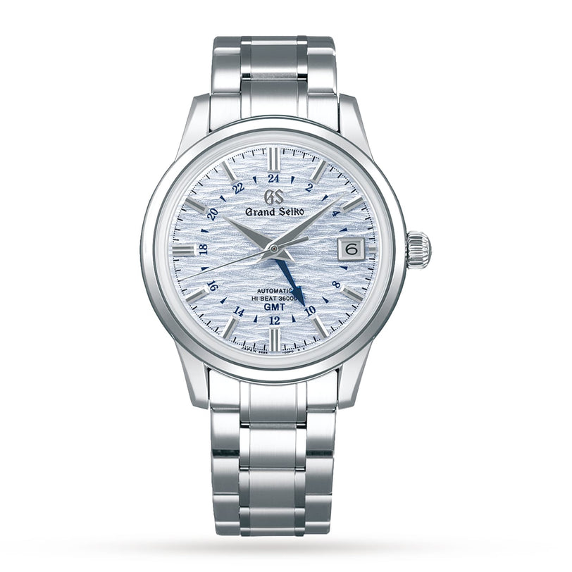 The Grand Seiko Hi-Beat GMT Elegance is a silver wristwatch with a high-beat movement, textured light blue wave-pattern dial, date window at 3 o’clock, and stainless steel bracelet.
