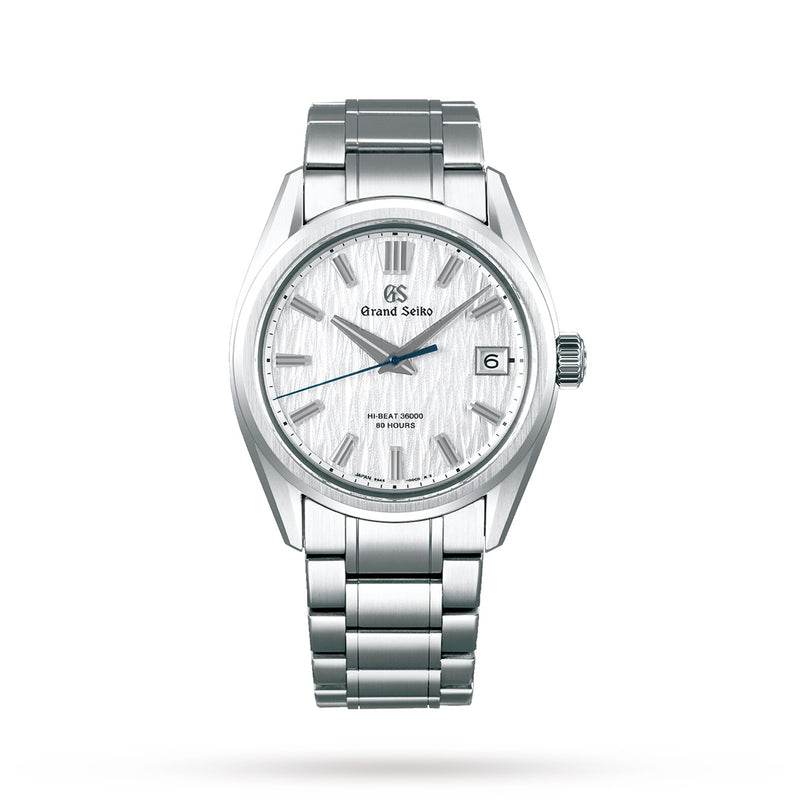 The Grand Seiko Hi-Beat 80 Hours Evolution 9 is a stainless steel watch with a textured white dial, silver markers, Calibre 9SA5 movement, date at 3 oclock, and metal link bracelet, shown on a white background.
