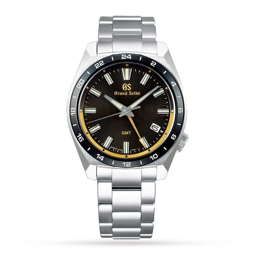 The Grand Seiko Sport GMT Limited Edition showcases Japanese watchmaking with a stainless steel band, black and gold bezel, and a black dial featuring gold accents and a GMT hand.