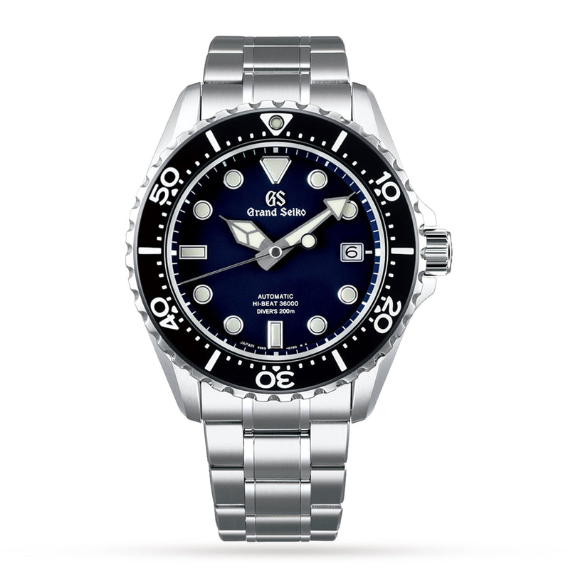 The Grand Seiko Hi-Beat Sport is a stainless steel divers watch with a blue dial, Hi-Beat 36,000 movement, date at 3 oclock, and rotating bezel, pictured against a white background.