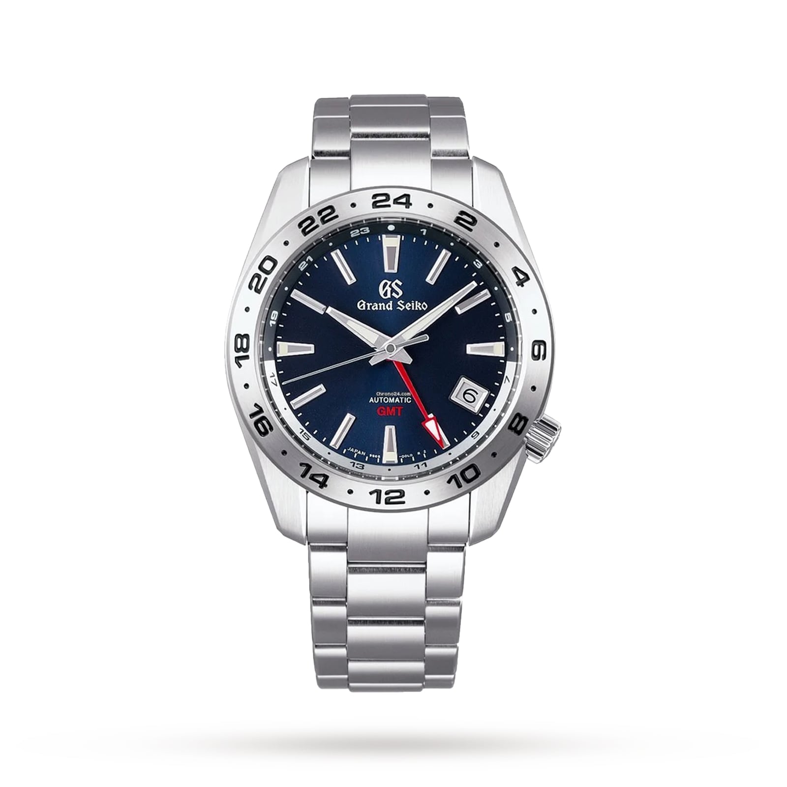 The Grand Seiko Automatic GMT Sport is a stainless steel watch featuring a blue dial, luminescent hands and markers, and a red GMT hand for tracking dual time, shown on a white background.