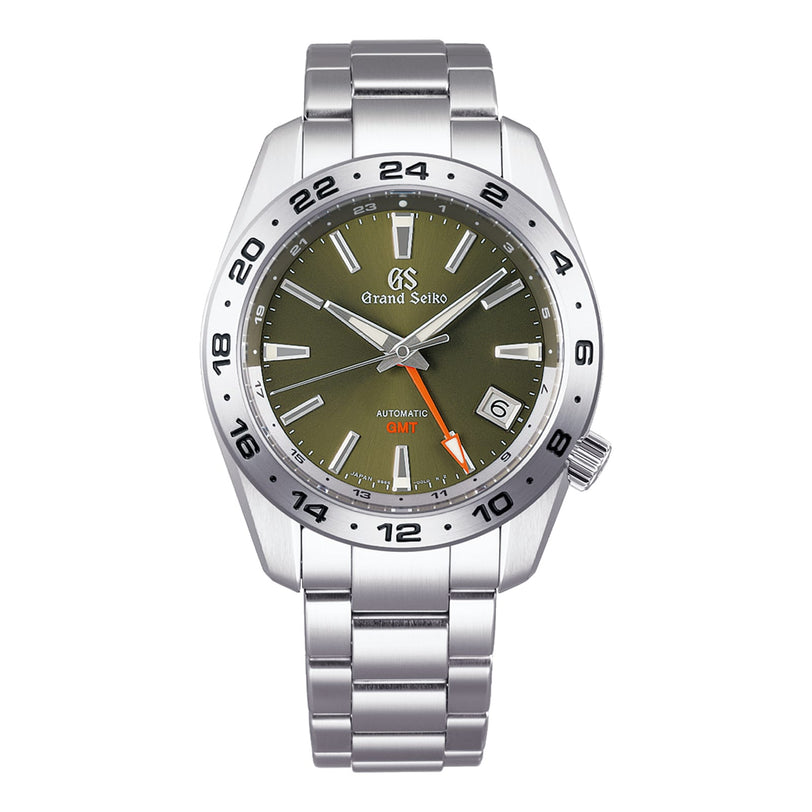The Grand Seiko Automatic GMT Sport is a stainless steel watch featuring an olive green dial, date window at 4 oclock, and a silver metal bracelet.
