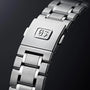 Close-up of the Hi-Beat Heritage stainless steel bracelet with clasp, featuring the Grand Seiko logo engraved—showcasing precision and craftsmanship, handmade in Japan.