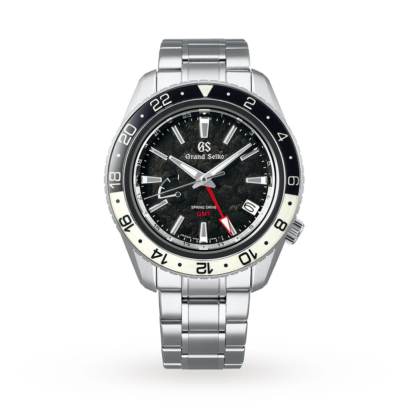 The Grand Seiko Spring Drive GMT Sport features a stainless steel band, black and white GMT bezel, black textured dial, silver hour markers, and a bold red GMT hand.