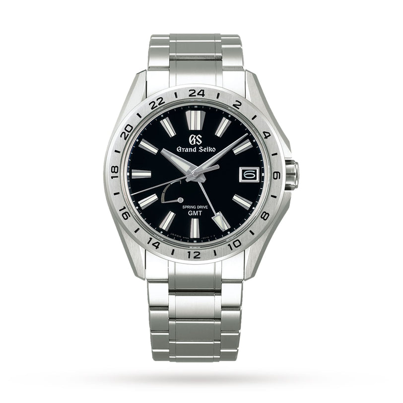 The Grand Seiko Spring Drive GMT Evolution 9 is a stainless steel watch with a black dial, date at 3 o’clock, 24-hour GMT bezel, and metal bracelet.