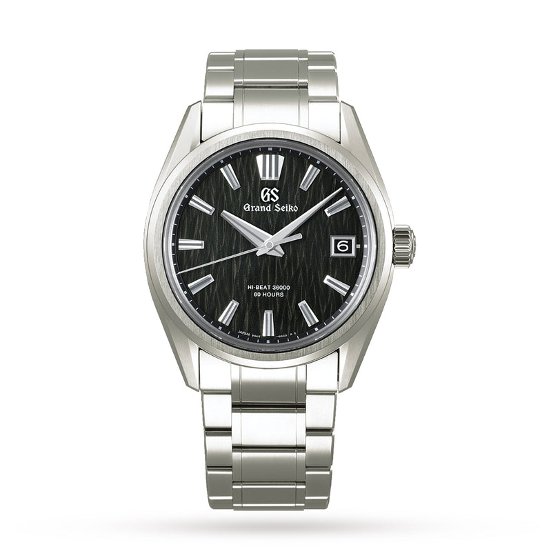 The Grand Seiko Hi-Beat 80 Hours Evolution 9 is a stainless steel watch with a black textured dial, silver hour markers, date window at 3 o’clock, and a silver metal bracelet, inspired by Japanese nature.