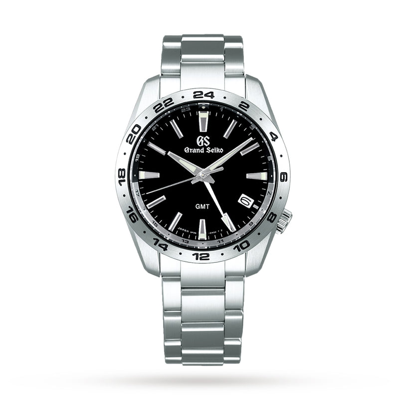 The Grand Seiko Quartz GMT Sport is a stainless steel wristwatch with Zaratsu polishing, a black dial with silver hour markers, date window at 4 o’clock, and a metal bracelet band.