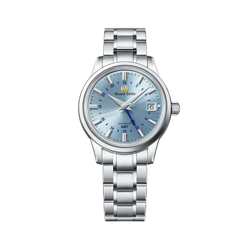 Grand Seiko Automatic GMT Elegance wristwatch featuring a light blue sunburst dial, date window, and stainless steel bracelet.