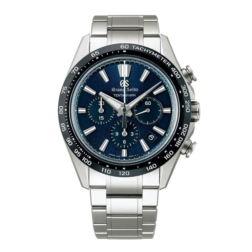 The Grand Seiko Hi-Beat Automatic Chronograph Evolution 9 features a blue textured dial, three subdials, date display, calibre 9SC5 automatic movement, and a stainless steel tachymeter bezel.