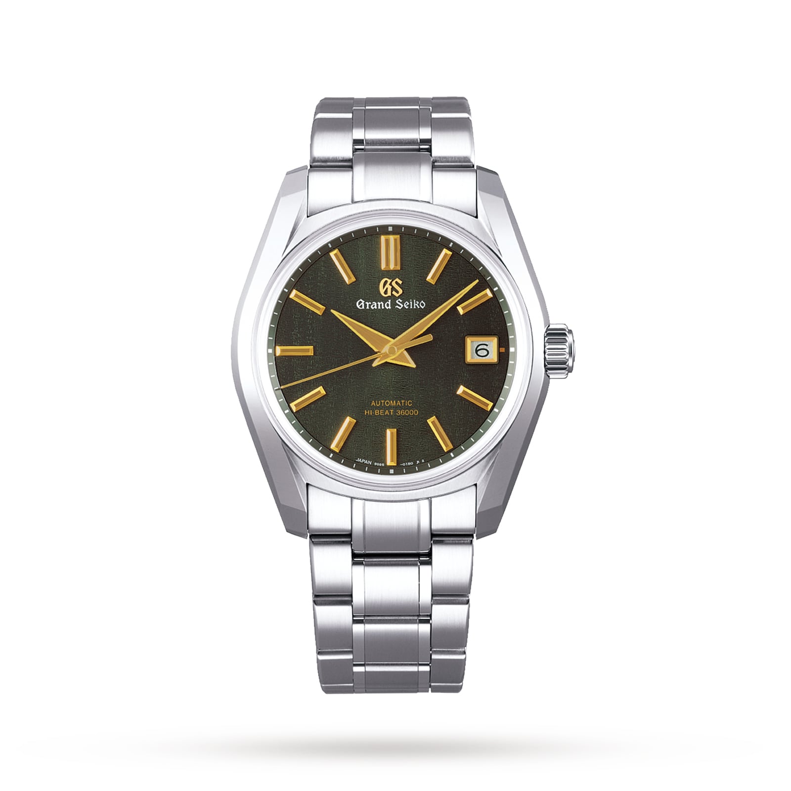 The Grand Seiko Hi-Beat Heritage is a stainless steel wristwatch with Zaratsu polishing, black dial, gold hour markers, date at 3 o’clock, and a metal bracelet—displayed against a plain white background.