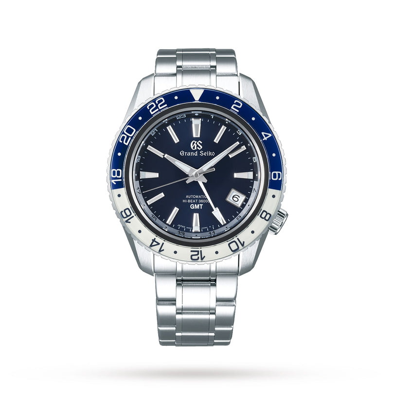 The Grand Seiko Hi-Beat GMT Sport is a luxurious sports watch with a blue and silver bezel, stainless steel bracelet, Mechanical Hi-Beat 36000 GMT, and triple time zone display on a white background.