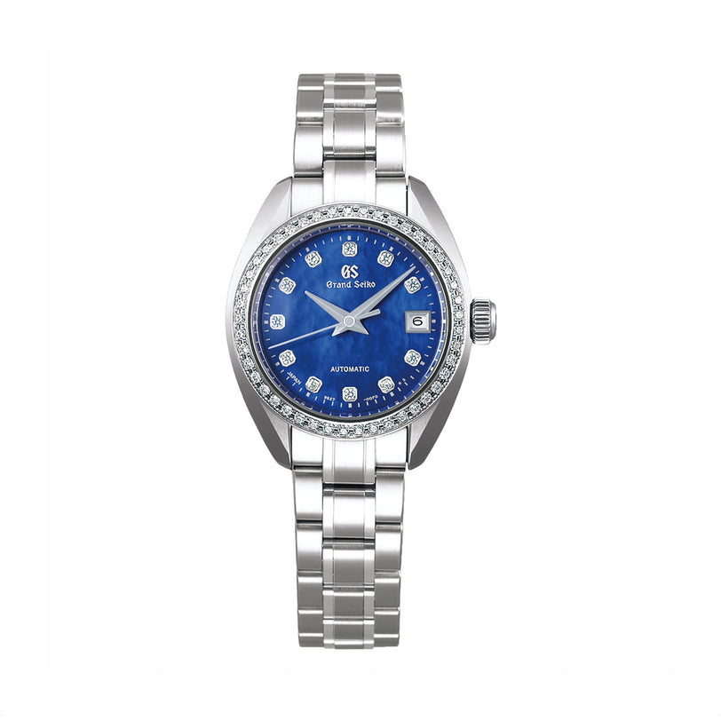 The Grand Seiko Ladies Limited Edition Elegance watch features a stainless steel case, blue dial with diamond markers, date display, silver bracelet, and precise Caliber 9S27—an elegant choice for any diamond anniversary.