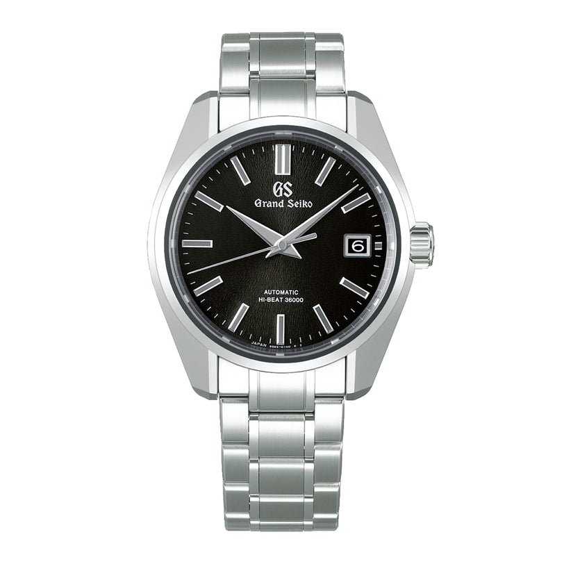 The Grand Seiko Hi-Beat Heritage wristwatch showcases Ever-Brilliant Steel, a black dial with silver markers, a date window at 3 oclock, and a matching metal bracelet.