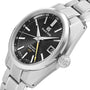 The Grand Seiko Hi-Beat GMT Heritage is a stainless steel watch featuring a black textured dial, silver markers, date window, yellow GMT hand, and the precise 9S86 automatic movement.