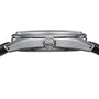 Side view of the Grand Seiko Manual Hi-beat 80 Hours Evolution 9 in stainless steel with a black leather strap, GS-logo crown, and design inspired by white birch tree bark.