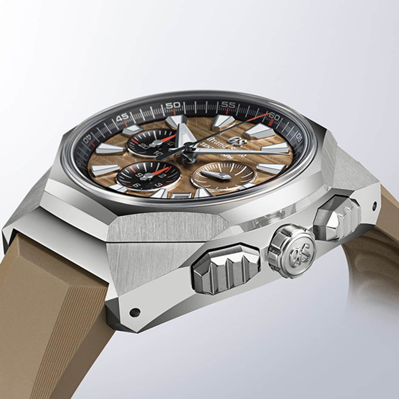 A close-up of the Grand Seiko Hi-Beat 36000 Automatic Chronograph SLGC007 Evolution 9, featuring a silver angular case, brown strap, textured wood-patterned dial, and multiple subdials.
