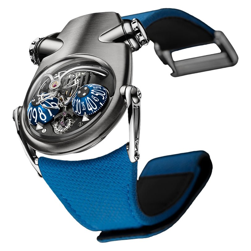 The MB&F Horological Machine N°10 Bulldog is a futuristic wristwatch featuring a blue strap, exposed gears, and rotating numbered dials for time display.