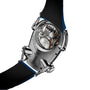 Back view of the MB&F Horological Machine N°10 Bulldog, featuring exposed mechanical gears and engraved text on its metal case.