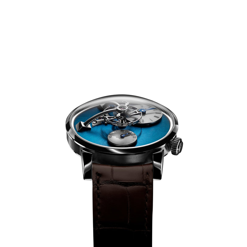 The MB&F Legacy Machine LM101 Steel Blue features a striking blue dial, exposed mechanics, and a brown leather strap, showcased on a white background.