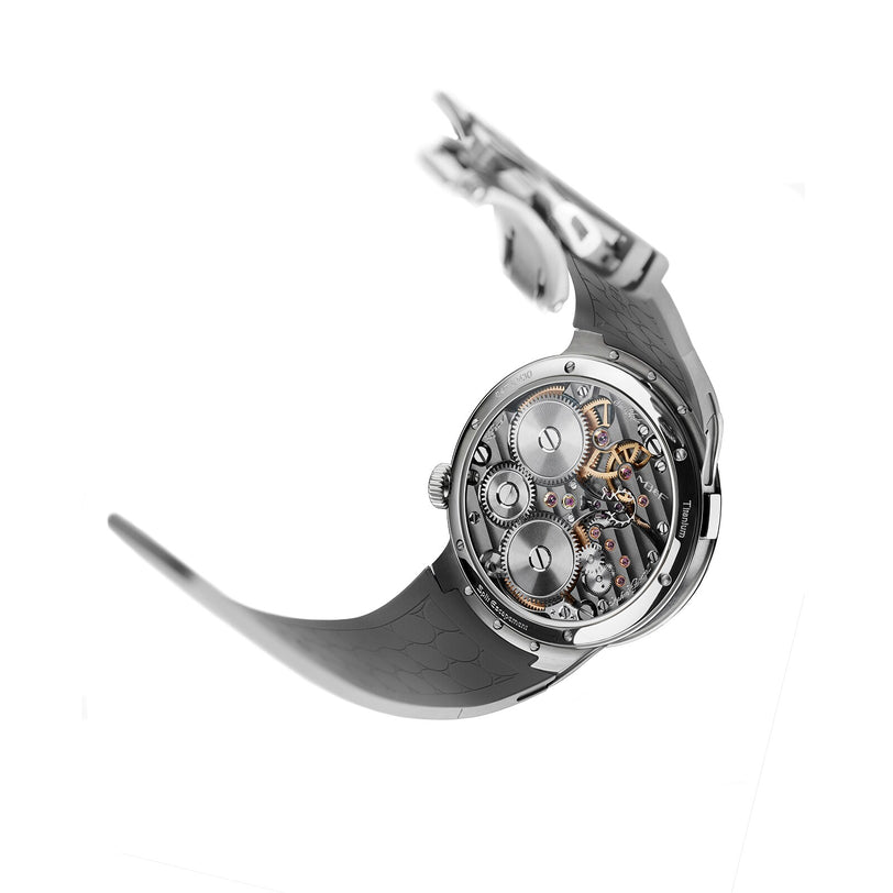 The MB&F Legacy Machine Split Escapement EVO, a luxury skeleton watch with exposed gears and a black strap, is photographed on a white background.