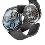 Two luxury wristwatches from MB&F: one Legacy Machine Split Escapement EVO with a striking blue dial and visible gears, the other showcasing its intricate mechanical movement.