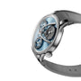 The MB&F Legacy Machine Split Escapement EVO wristwatch features a blue dial, three subdials, and a gray strap, displayed at an angle on a white background.