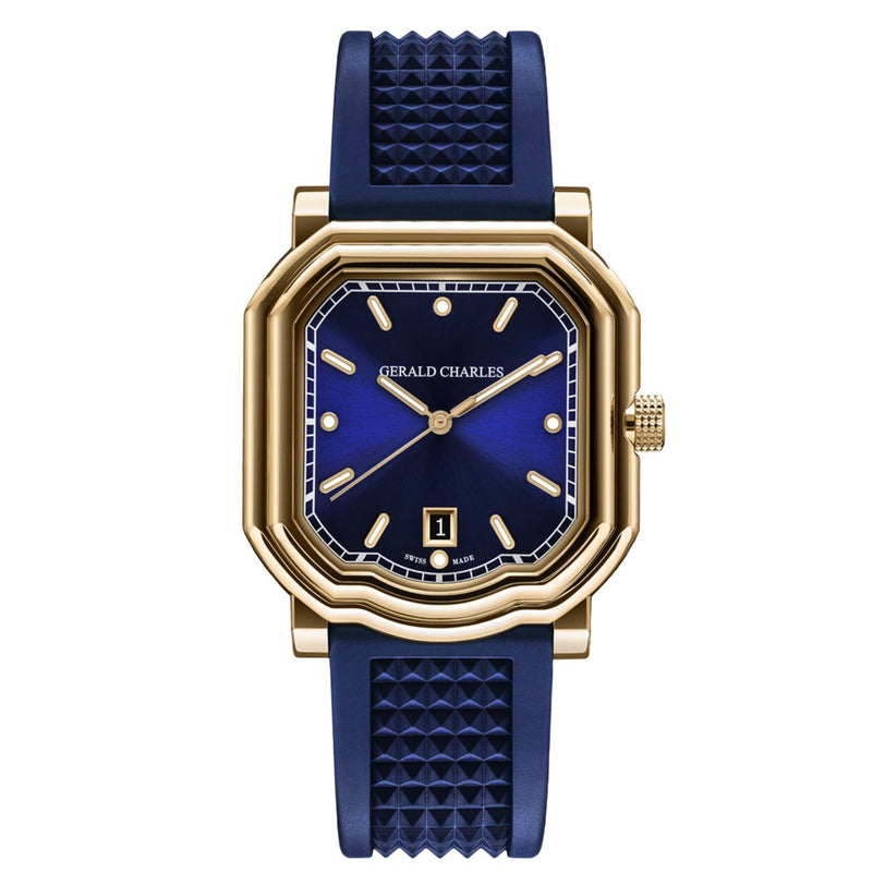 The Gerald Charles Maestro 2.0 Ultra-Thin features a gold case, royal blue sunburst dial, gold markers and hands, date at 6 o’clock, and a textured vulcanised rubber strap.