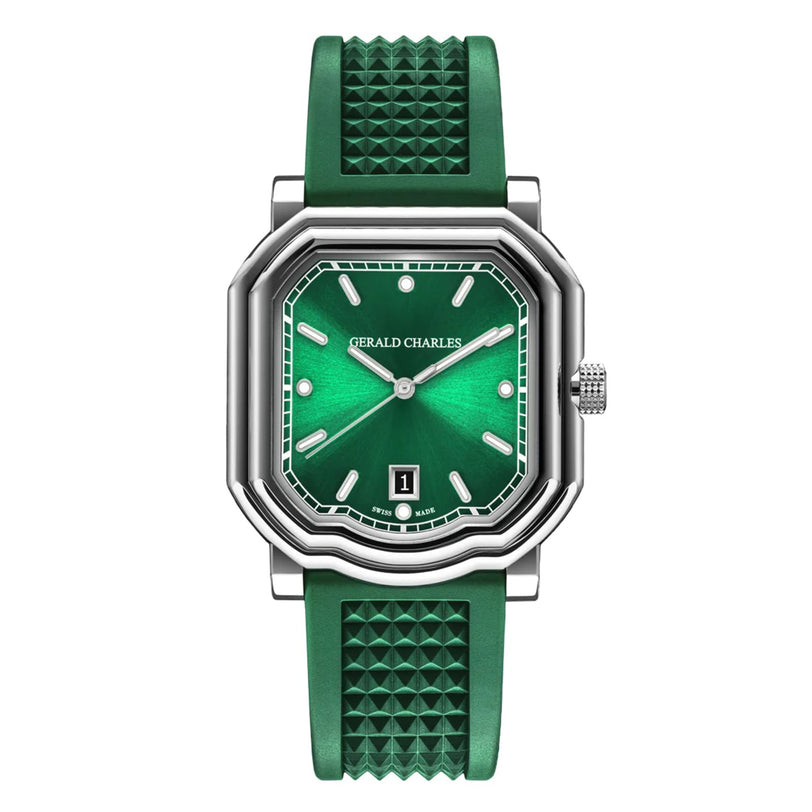 The Gerald Charles Maestro 2.0 Ultra-Thin wristwatch features a green vulcanised rubber strap, stainless steel case, emerald green sunburst dial with date window, and silver hour markers and hands.