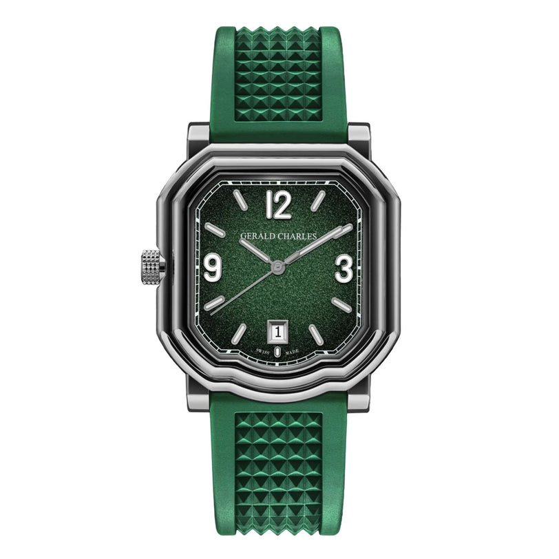 The Maestro GC Sport by Gerald Charles features a rectangular face, silver accents, and a textured green rubber strap.