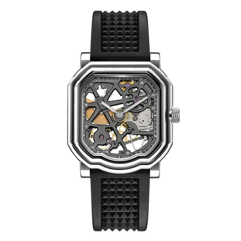 The Gerald Charles Maestro 8.0 Squelette features a geometric, transparent face that reveals its inner mechanisms, paired with a black textured strap.